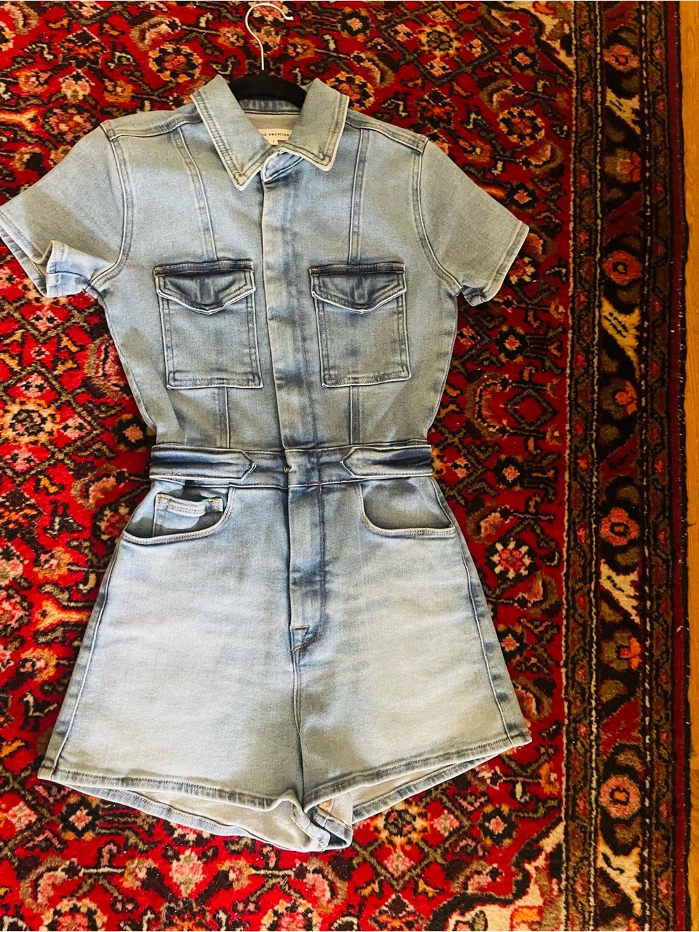 Good American Light Wash Denim Short Sleeve Romper